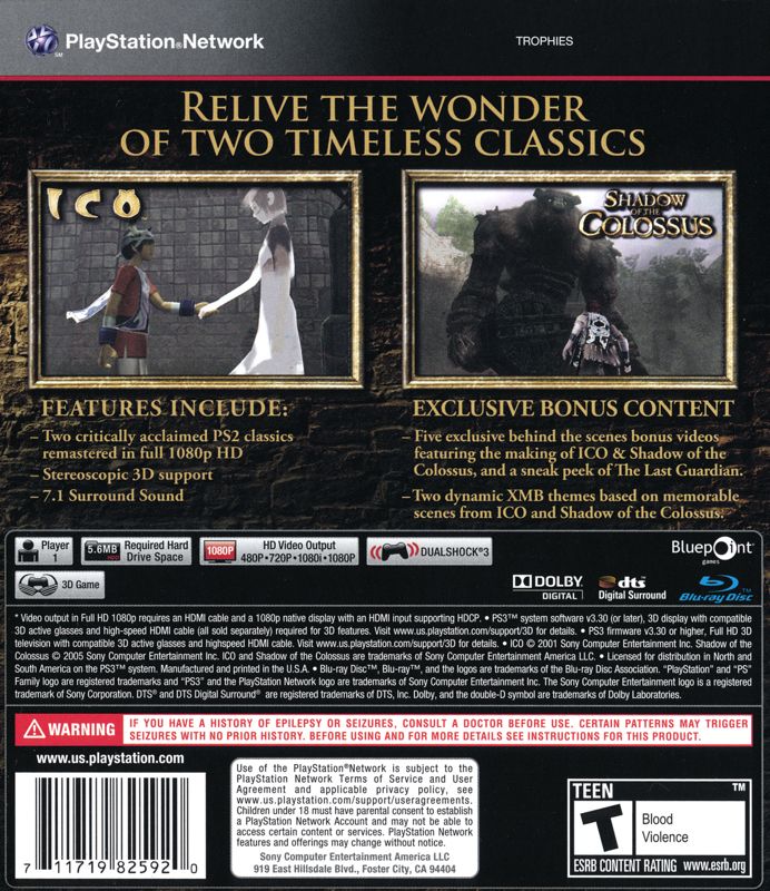 The Ico & Shadow of the Colossus Collection | PlayStation 3 | back cover | region=North America | source-country=United States | zypher-v2 | moby-23b60b9cffd6 | Data by MobyGames.com