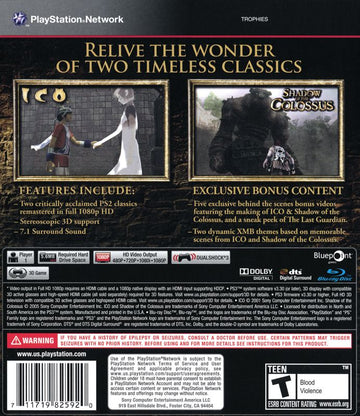 The Ico & Shadow of the Colossus Collection | PlayStation 3 | back cover | region=North America | source-country=United States | zypher-v2 | moby-23b60b9cffd6 | Data by MobyGames.com