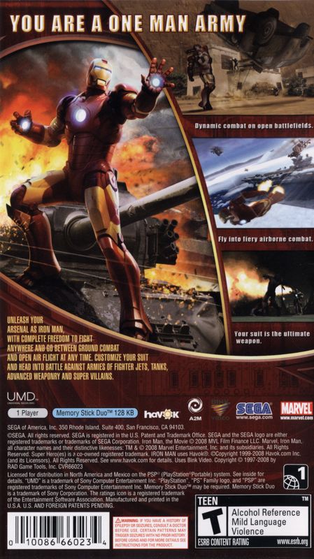 Iron Man | PSP | back cover | region=North America | source-country=United States | zypher-v2 | moby-06d93bc2e297 | Data by MobyGames.com