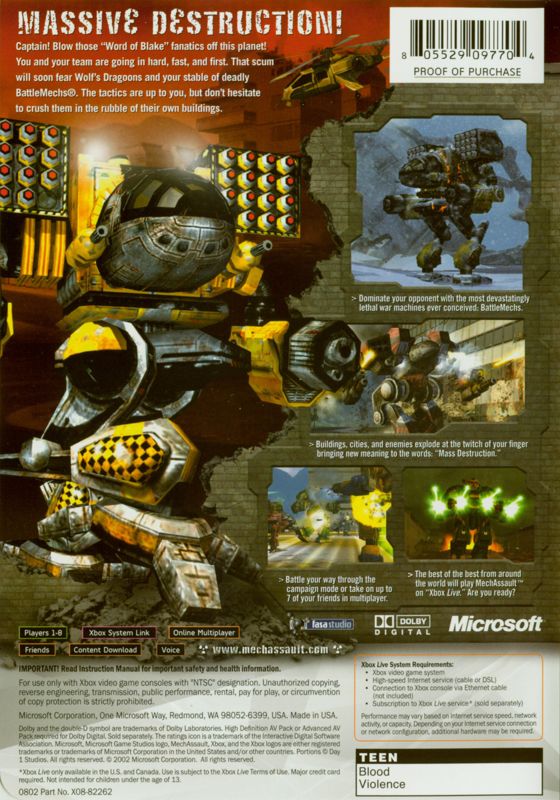 MechAssault | Xbox | back cover | region=North America | source-country=Canada,United States | zypher-v2 | moby-f5ce1bcc07fd | Data by MobyGames.com