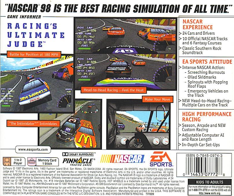 NASCAR 98 | PlayStation | back cover | region=North America | source-country=Canada,United States | zypher-v2 | moby-5d1e402dab9a | Data by MobyGames.com