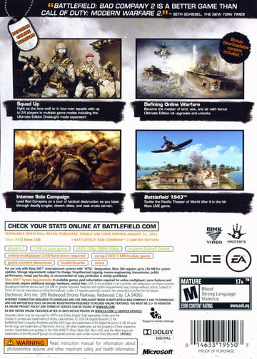 Battlefield: Bad Company 2 - Ultimate Edition | Xbox 360 | back cover | region=North America | source-country=Canada,United States | zypher-v2 | moby-95e775597e65 | Data by MobyGames.com