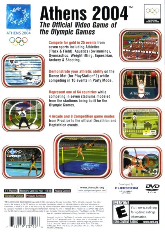 
Athens 2004 | PlayStation 2 | back cover | Region: North America | source-country=United States | Data by MobyGames.com