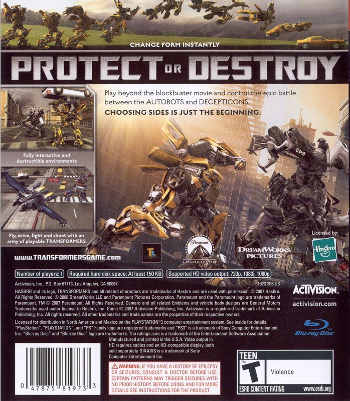
Transformers: The Game | PlayStation 3 | back cover | Region: North America | source-country=United States | Data by MobyGames.com