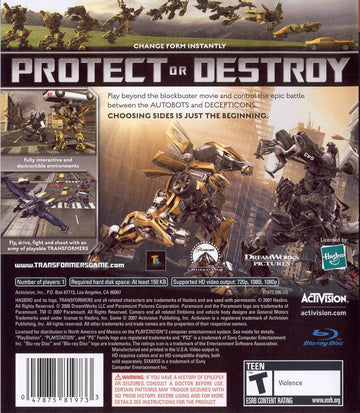 
Transformers: The Game | PlayStation 3 | back cover | Region: North America | source-country=United States | Data by MobyGames.com