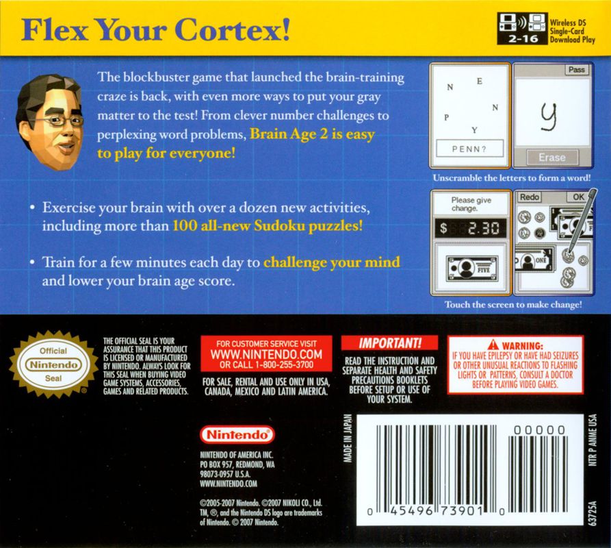 Brain Age²: More Training in Minutes a Day! | Nintendo DS | back cover | region=North America | source-country=Canada,Mexico,Other,United States | zypher-v2 | moby-ca6a2494d158 | Data by MobyGames.com