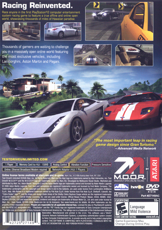 Test Drive Unlimited | PlayStation 2 | back cover | region=North America | source-country=United States | zypher-v2 | moby-e2346fa28d42 | Data by MobyGames.com