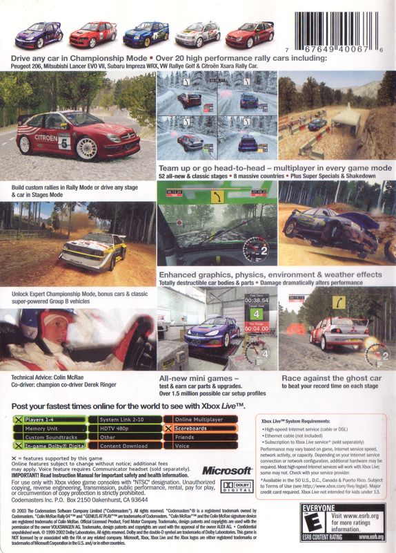 
Colin McRae Rally 04 | Xbox | back cover | Region: North America | source-country=United States | Data by MobyGames.com