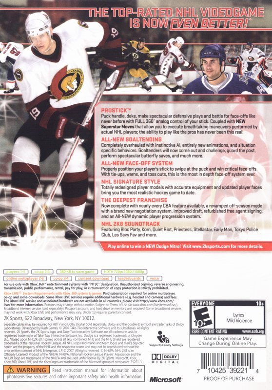 
NHL 2K8 | Xbox 360 | back cover | Data by MobyGames.com