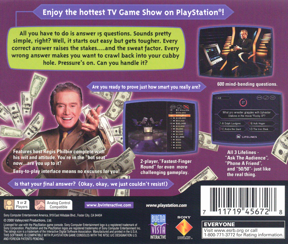 Who Wants to Be a Millionaire: 2nd Edition | PlayStation | back cover | Region: North America | source-country=United States | Data by MobyGames.com