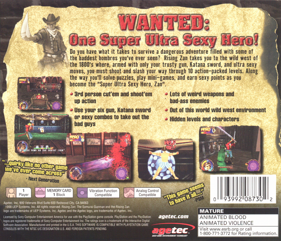 
Rising Zan: The Samurai Gunman | PlayStation | back cover | Data by MobyGames.com