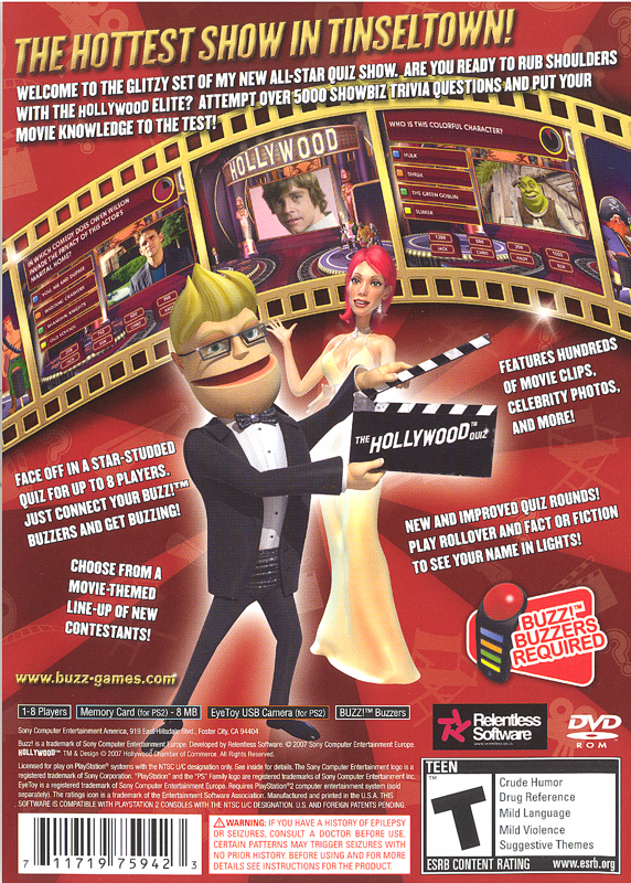 Buzz! The Hollywood Quiz | PlayStation 2 | back cover | Region: North America | source-country=United States | Data by MobyGames.com