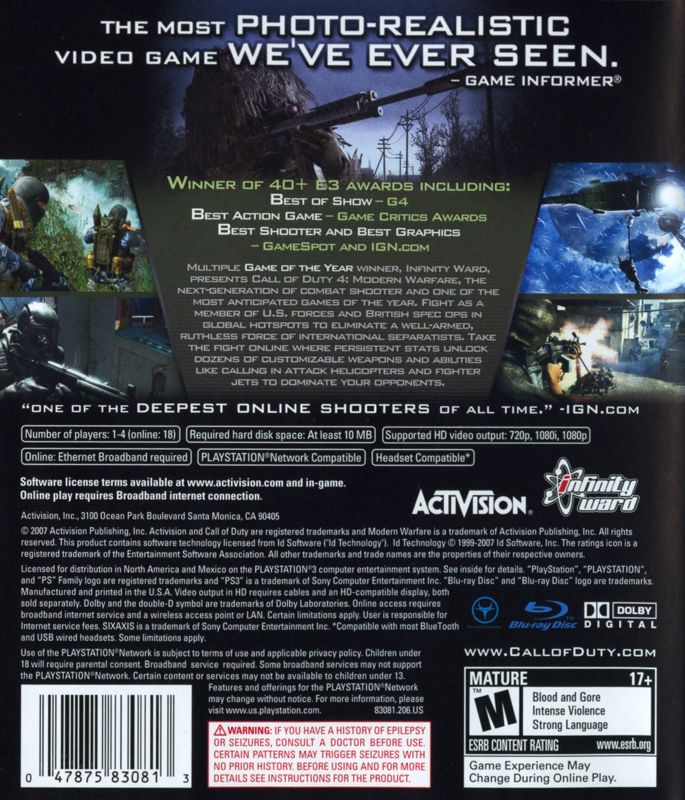Call of Duty 4: Modern Warfare | PlayStation 3 | back cover | region=North America | source-country=United States | zypher-v2 | moby-9d5c9de65560 | Data by MobyGames.com