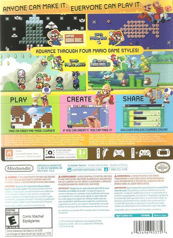 Super Mario Maker | Wii U | back cover | region=North America | source-country=Canada,United States | zypher-v2 | moby-ceb548744ff1 | Data by MobyGames.com