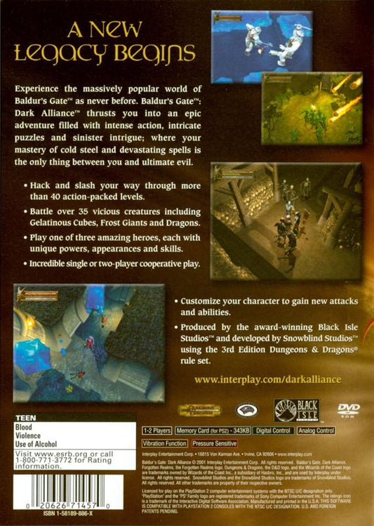 Baldur's Gate: Dark Alliance | PlayStation 2 | back cover | region=North America | source-country=Canada,United States | zypher-v2 | moby-df39e08fc858 | Data by MobyGames.com
