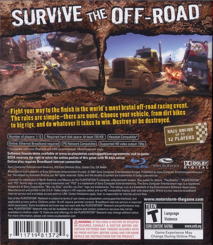 
MotorStorm | PlayStation 3 | back cover | Data by MobyGames.com