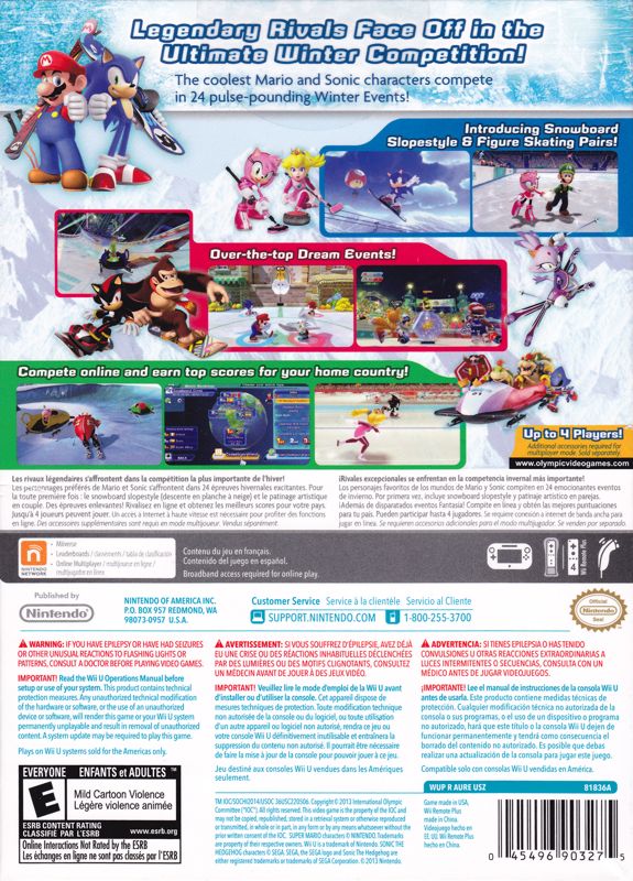 
Mario & Sonic at the Olympic Winter Games: Sochi 2014 | Wii U | back cover | Data by MobyGames.com