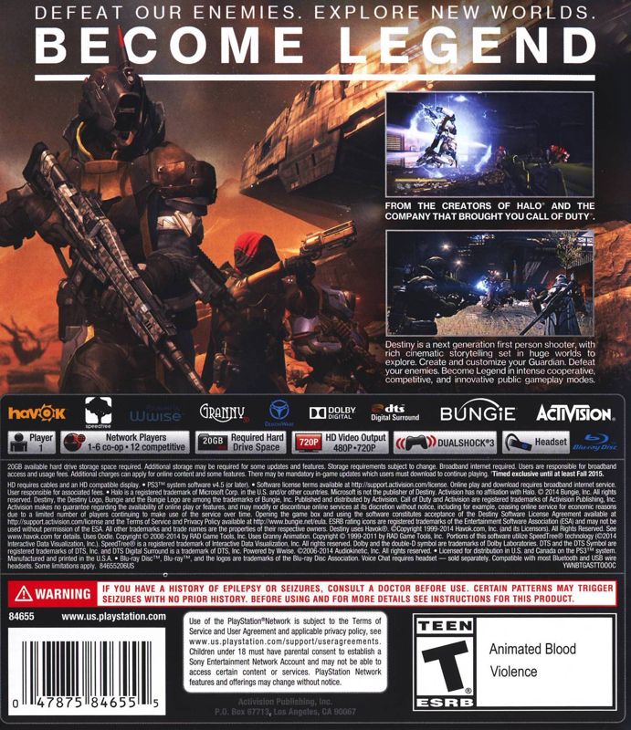 Destiny | PlayStation 3 | back cover | Region: North America | source-country=United States | Data by MobyGames.com