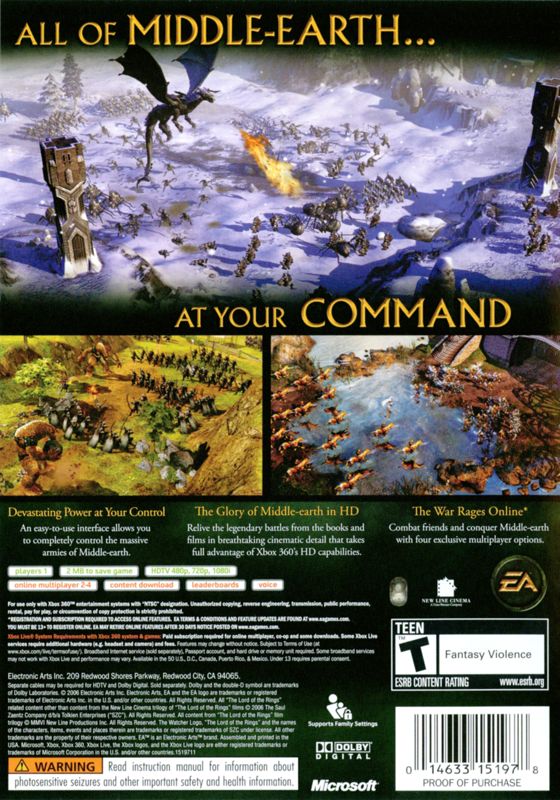 The Lord of the Rings: The Battle for Middle-earth II | Xbox 360 | back cover | region=North America | source-country=Canada,United States | zypher-v2 | moby-f0487b343da4 | Data by MobyGames.com