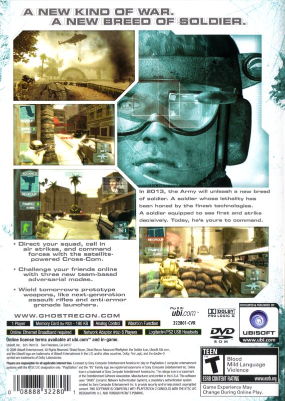 Tom Clancy's Ghost Recon: Advanced Warfighter | PlayStation 2 | back cover | region=North America | source-country=United States | zypher-v2 | moby-6dd4337304d5 | Data by MobyGames.com