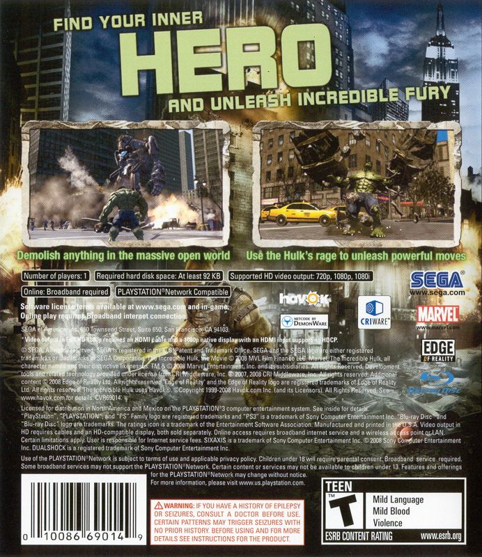 
The Incredible Hulk | PlayStation 3 | back cover | Region: North America | source-country=Canada,Mexico,United States | Data by MobyGames.com