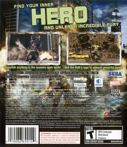 
The Incredible Hulk | PlayStation 3 | back cover | Region: North America | source-country=Canada,Mexico,United States | Data by MobyGames.com