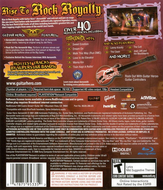 Guitar Hero: Aerosmith | PlayStation 3 | back cover | region=North America | source-country=Canada,Mexico,United States | zypher-v2 | moby-d49553be7302 | Data by MobyGames.com