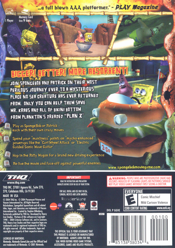 
The SpongeBob SquarePants Movie | GameCube | back cover | Data by MobyGames.com
