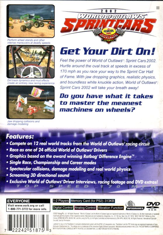 World of Outlaws: Sprint Car Racing 2002 | PlayStation 2 | back cover | Region: North America | source-country=Canada,United States | Data by MobyGames.com