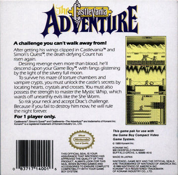 
Castlevania: The Adventure | Game Boy | back cover | Data by MobyGames.com