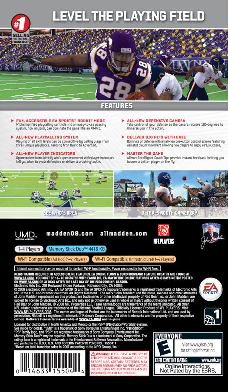 Madden NFL 09 | PSP | back cover | region=North America | source-country=United States | zypher-v2 | moby-3d50fb80be50 | Data by MobyGames.com