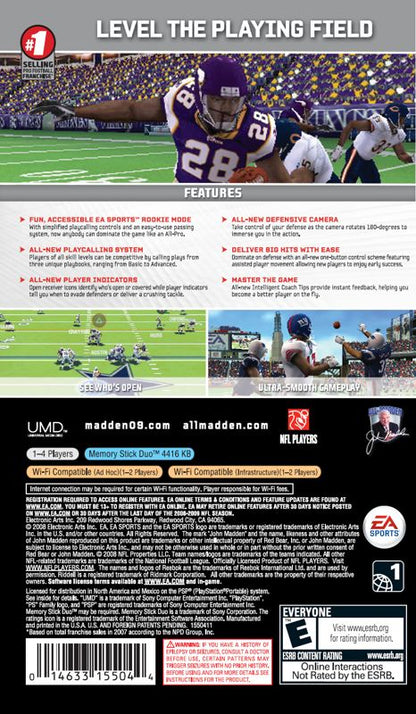 Madden NFL 09 | PSP | back cover | region=North America | source-country=United States | zypher-v2 | moby-3d50fb80be50 | Data by MobyGames.com