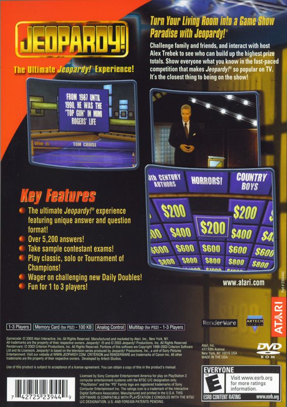 Jeopardy! | PlayStation 2 | back cover | Region: North America | source-country=Canada,United States | Data by MobyGames.com
