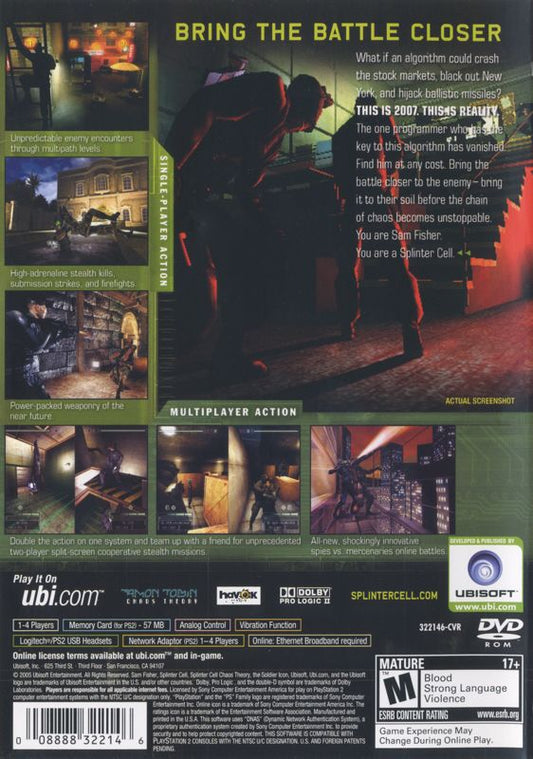 
Tom Clancy's Splinter Cell: Chaos Theory | PlayStation 2 | back cover | Region: North America | source-country=United States | Data by MobyGames.com