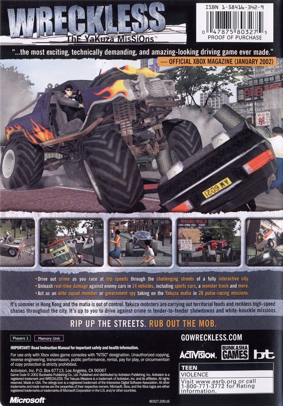 Wreckless: The Yakuza Missions | Xbox | back cover | region=North America | source-country=Canada,United States | zypher-v2 | moby-13cb4c94cbb3 | Data by MobyGames.com