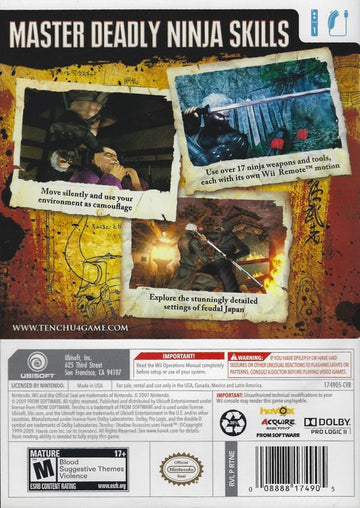 Tenchu: Shadow Assassins | Wii | back cover | region=North America | source-country=United States | zypher-v2 | moby-adafd09b9b90 | Data by MobyGames.com