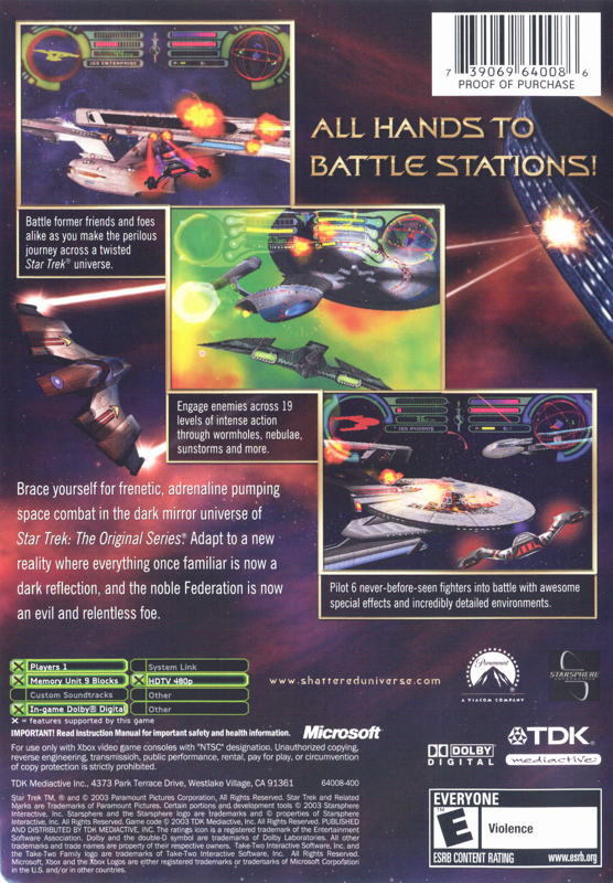 
Star Trek: Shattered Universe | Xbox | back cover | Data by MobyGames.com