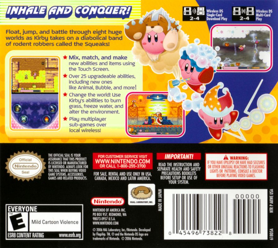 Kirby: Squeak Squad | Nintendo DS | back cover | region=North America | source-country=Canada,Mexico,United States | zypher-v2 | moby-4db6b0159e44 | Data by MobyGames.com