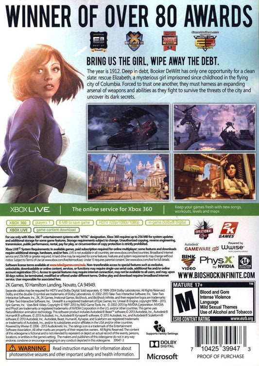 BioShock Infinite | Xbox 360 | back cover | region=North America | source-country=United States | zypher-v2 | moby-1f91f91fad1d | Data by MobyGames.com