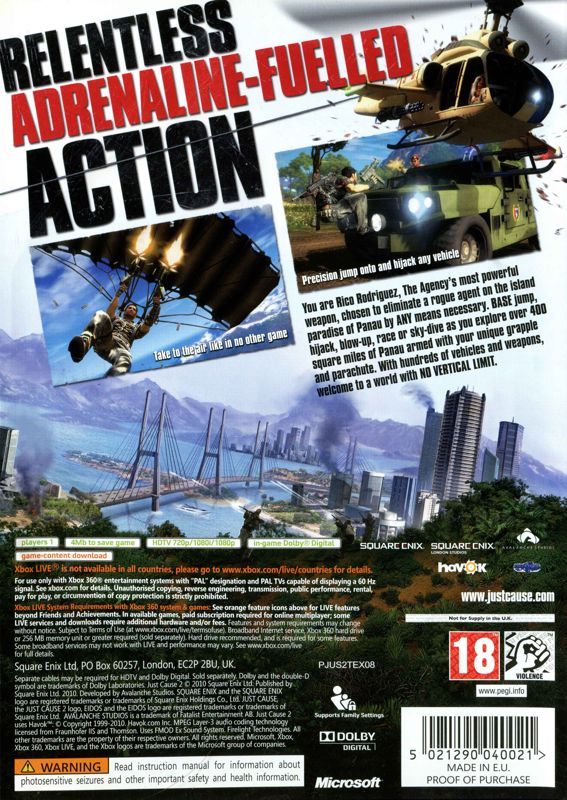 
Just Cause 2 | Xbox 360 | back cover | Region: PAL | source-country=United Kingdom | Data by MobyGames.com