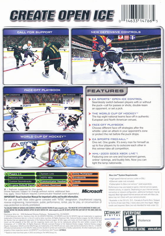 NHL 2005 | Xbox | back cover | region=North America | source-country=United States | zypher-v2 | moby-d29014039e5b | Data by MobyGames.com