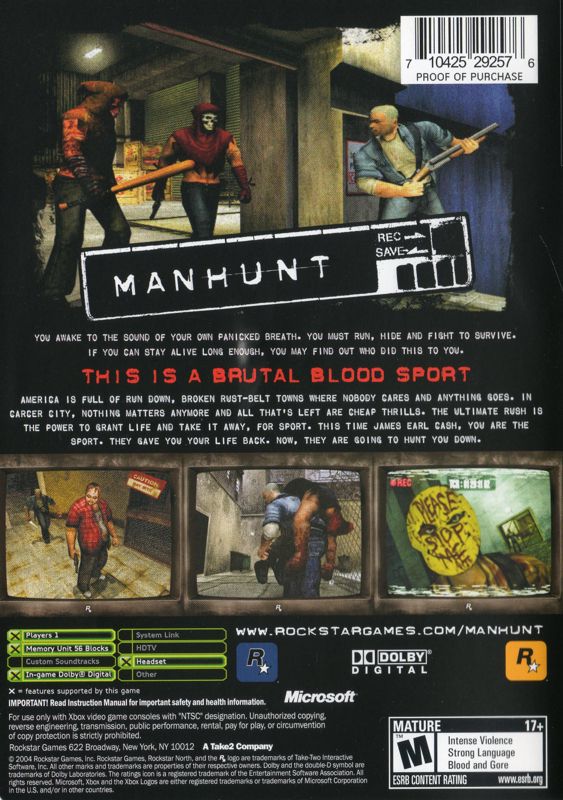 
Manhunt | Xbox | back cover | Data by MobyGames.com