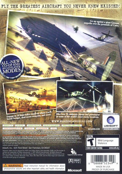 Blazing Angels 2: Secret Missions of WWII | Xbox 360 | back cover | region=North America | source-country=United States | zypher-v2 | moby-83a7f8df7fa9 | Data by MobyGames.com