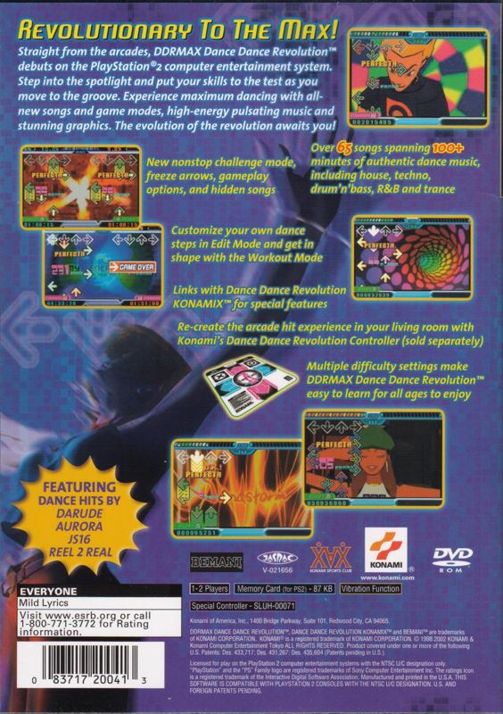 DDRMAX Dance Dance Revolution | PlayStation 2 | back cover | region=North America | source-country=Canada,United States | zypher-v2 | moby-647a5b418edc | Data by MobyGames.com