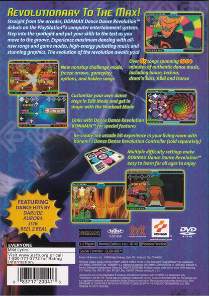 DDRMAX Dance Dance Revolution | PlayStation 2 | back cover | region=North America | source-country=Canada,United States | zypher-v2 | moby-647a5b418edc | Data by MobyGames.com