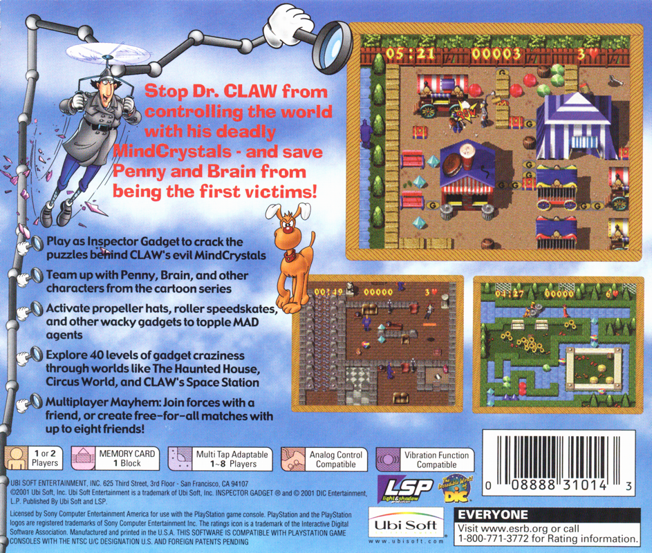 
Inspector Gadget: Gadget's Crazy Maze | PlayStation | back cover | Region: North America | source-country=United States | Data by MobyGames.com