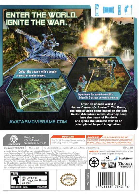 James Cameron's Avatar: The Game | Wii | back cover | region=North America | source-country=United States | zypher-v2 | moby-e591da355949 | Data by MobyGames.com