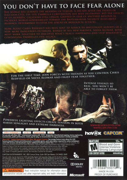 Resident Evil 5 | Xbox 360 | back cover | region=North America | source-country=United States | zypher-v2 | moby-52aeede8c952 | Data by MobyGames.com