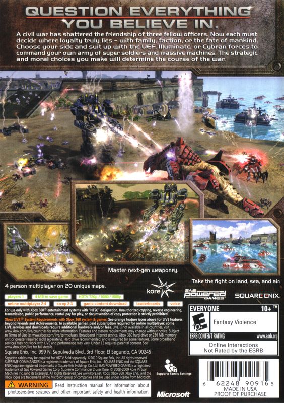 Supreme Commander 2 | Xbox 360 | back cover | Region: North America | source-country=United States | Data by MobyGames.com