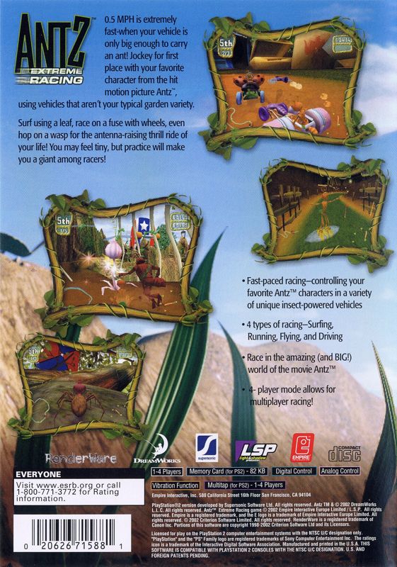 Antz Extreme Racing | PlayStation 2 | back cover | region=North America | source-country=Canada,United States | zypher-v2 | moby-c20397add324 | Data by MobyGames.com